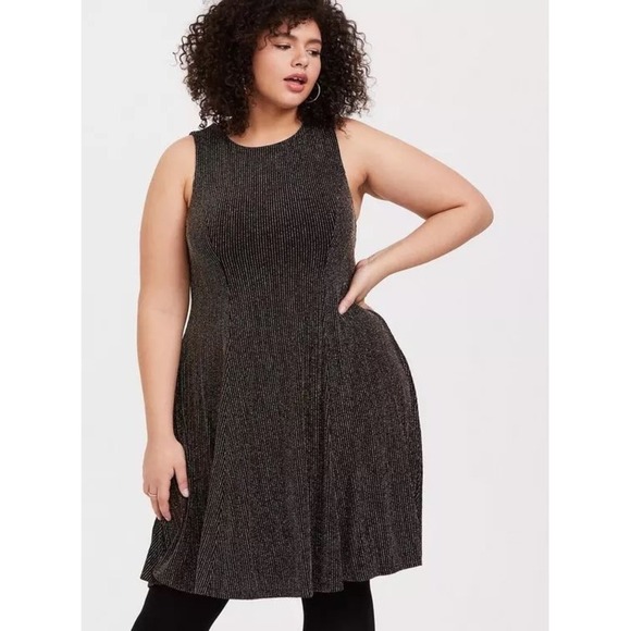 Torrid Black & Gold Glitter Stripe Fluted Dress Size 3 Flirty 3XL Plus Size - Picture 1 of 7